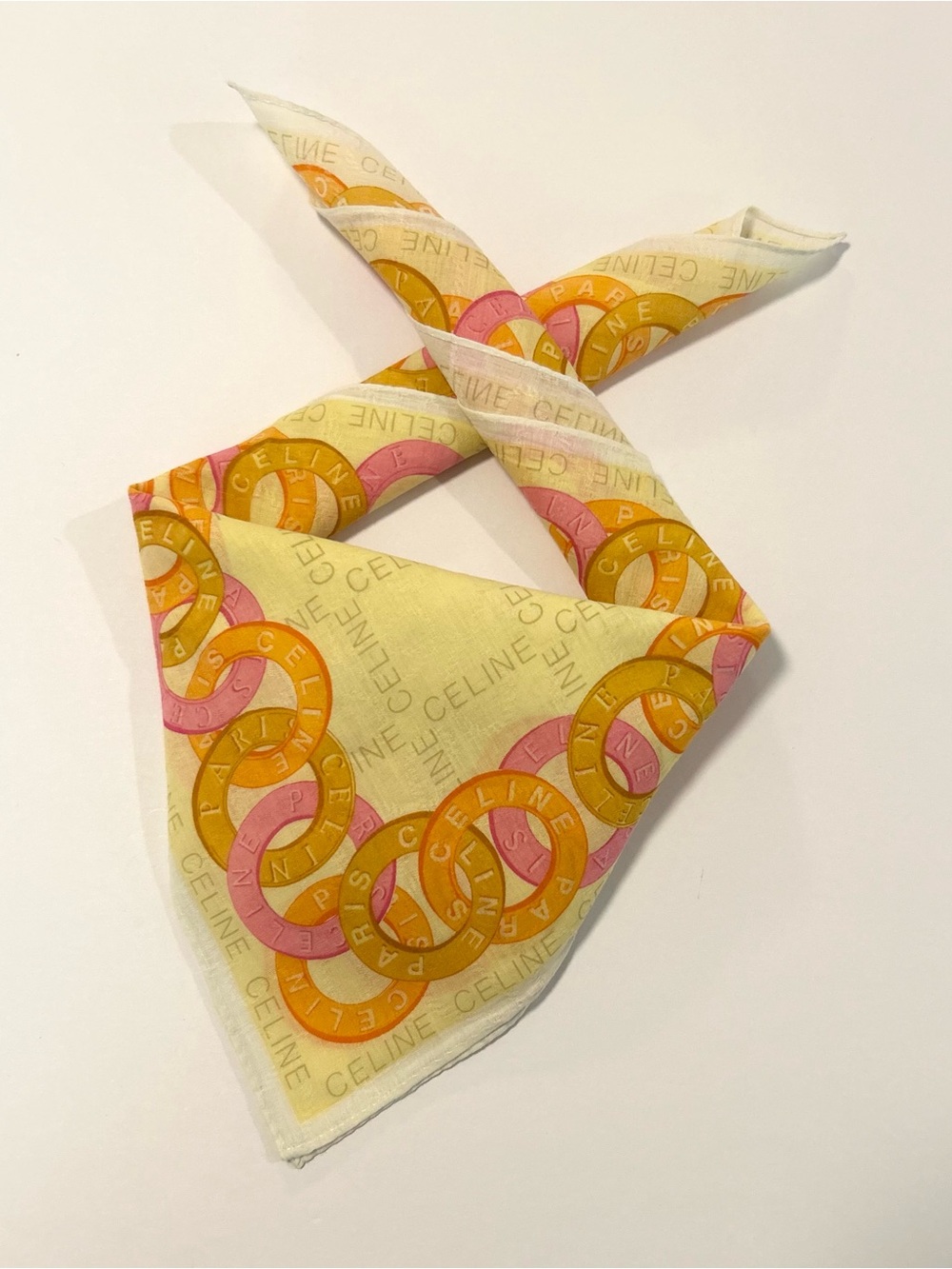 WOMEN HANDKERCHIEF CELINE Chain Logo Yellow BANDANA COTTON POCKET SQUARE 19”
